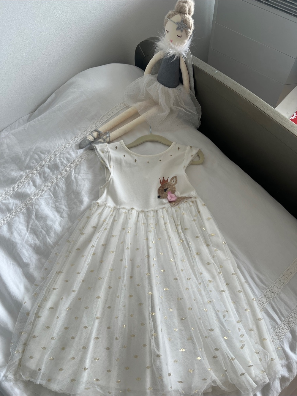 Off White Tulle Party Dress with Gold Accents
